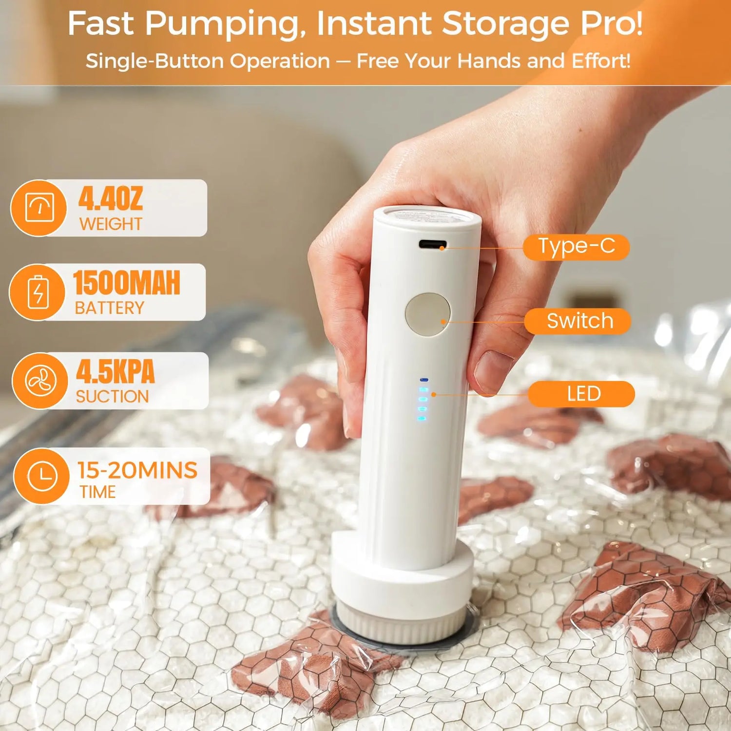 USB-C rechargeable pump included with Travel Nest compression set