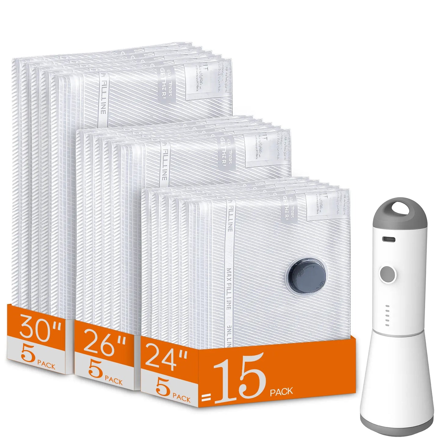 【Summer Vibes】Vacease Cordless Travel Vacuum Bag Set with Rechargeable Air Pump - 15-Pack Space Saving Storage Bags, Airtight Resealing Sealed Organizers for Luggage, Sturdy Lightweight Clothes Storage Solution, Vacuum Bags for Travel