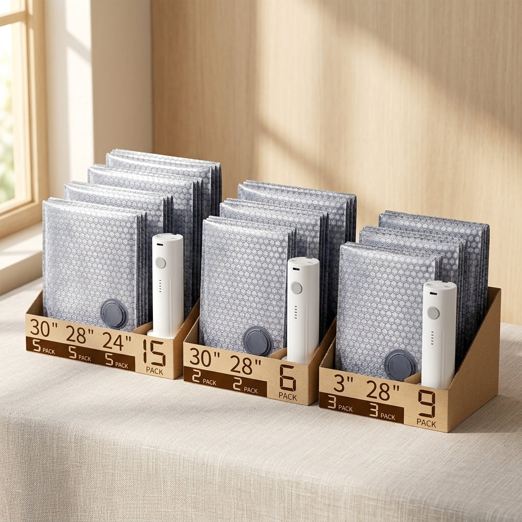 Vacuum compression bags for carry-on, checked luggage, and home storage