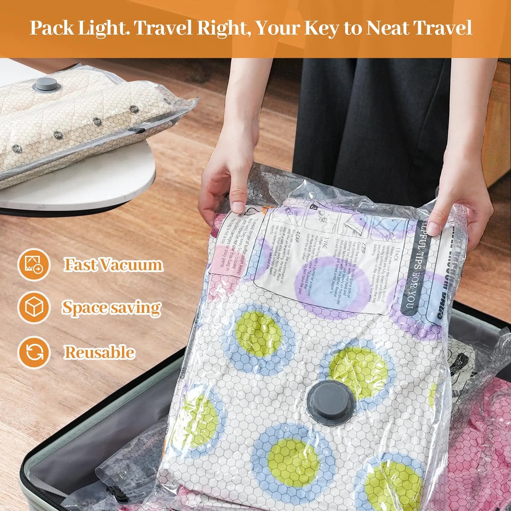 Reusable vacuum compression bags for travel and seasonal home storage