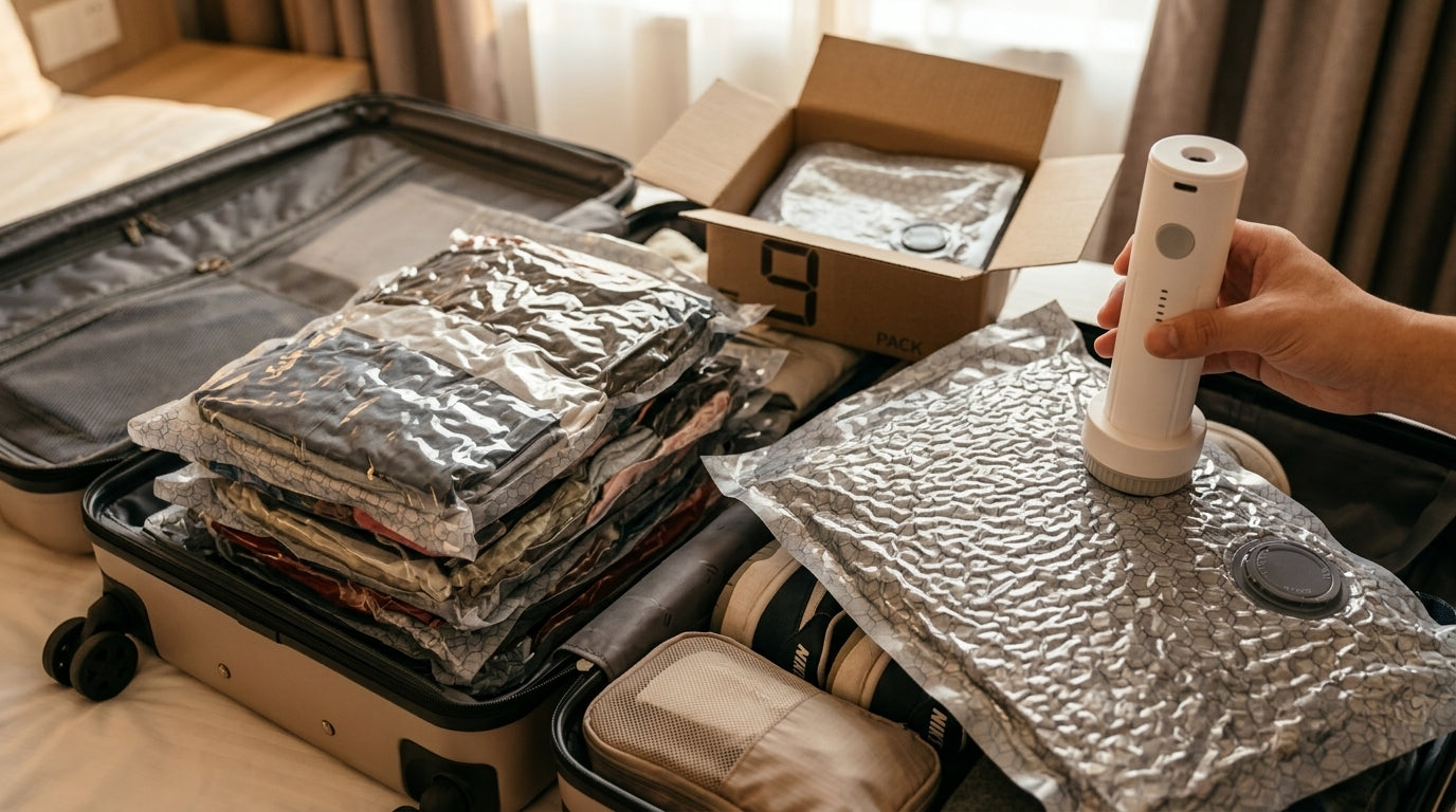 Vacuum compression bags for carry-on, checked luggage, and home storage