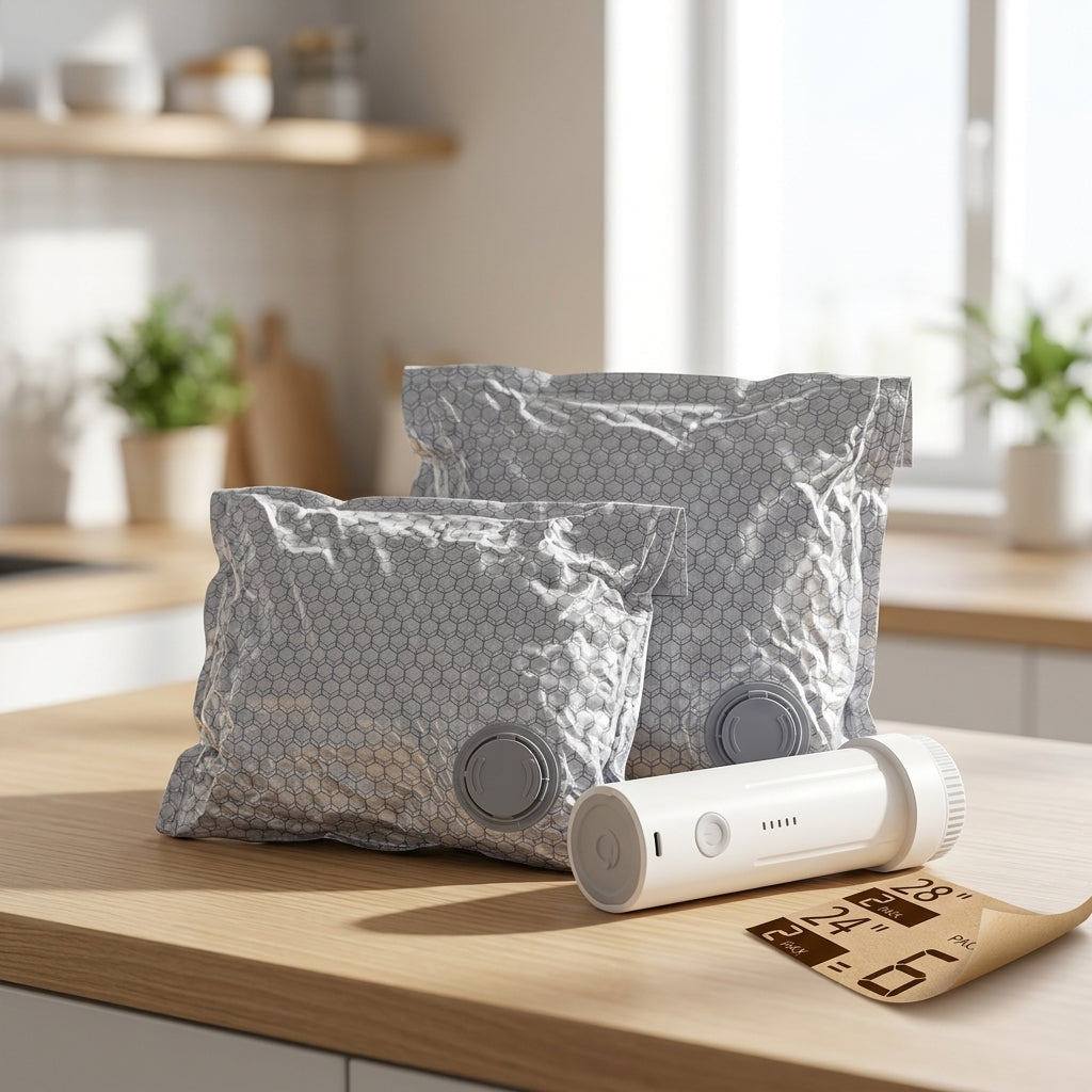 Vacuum compression bags for carry-on, checked luggage, and home storage